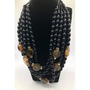 Black Beaded w/ Gold Tone Accent Multi-Strand Layered Statement Necklace 18"